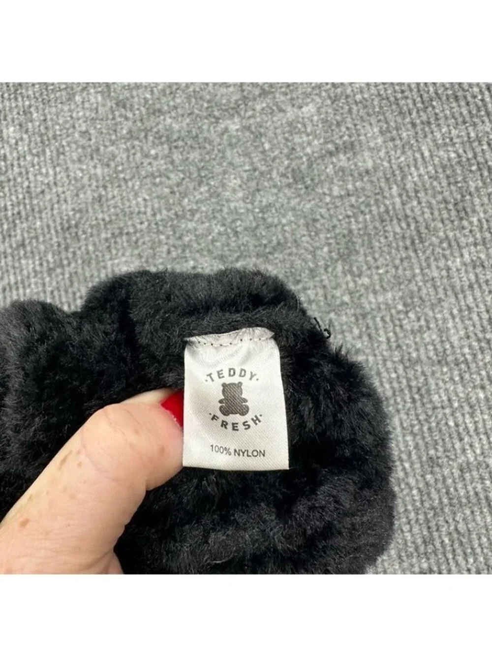 Teddy Fresh Classic Black Fuzzy Bear Ear Beanie Logo Tab Pull On Winter Hat OS